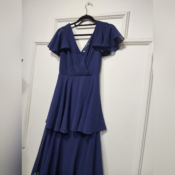 Lulus Sincerely Exquisite Navy Blue Short Sleeve Tiered Maxi Dress S Wedding - Picture 7 of 9